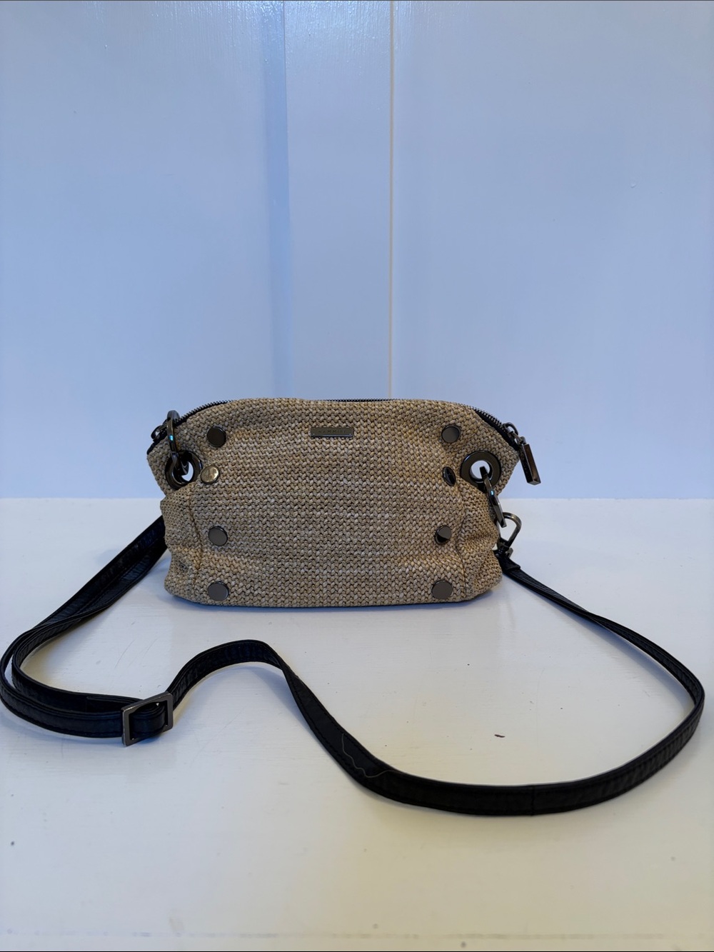 Hammitt Small Daniel Raffia Crossbody with Black Leather Strap